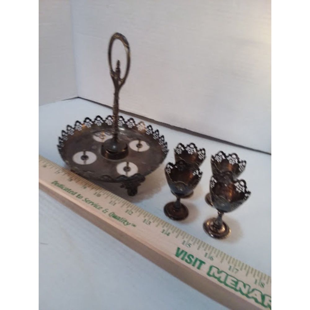Silver 4 Egg Holder With Handle 5 Piece - Picture 7 of 11
